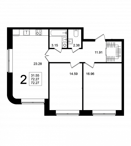 2-комнатная, квартира, 72.27 м²