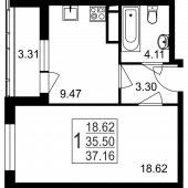 1-комнатная квартира 37,16 м²