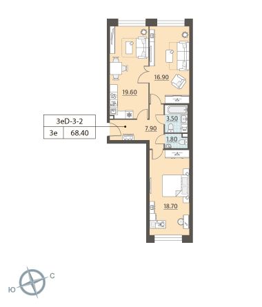 2-комнатная, квартира, 68.4 м²
