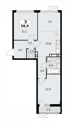 3-комнатная, 58.9 м²