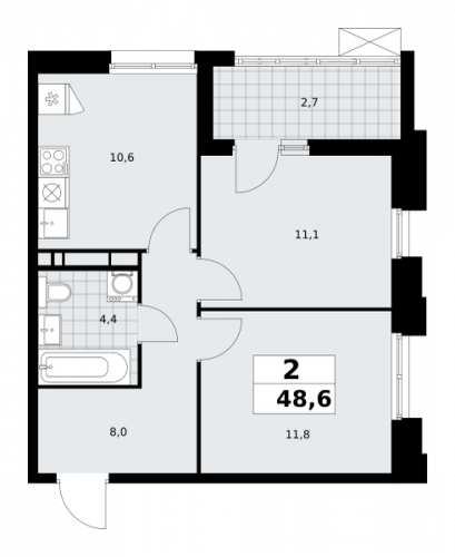 2-комнатная, 48.6 м²