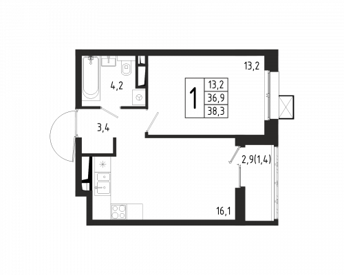 1-комнатная, квартира, 38.3 м²