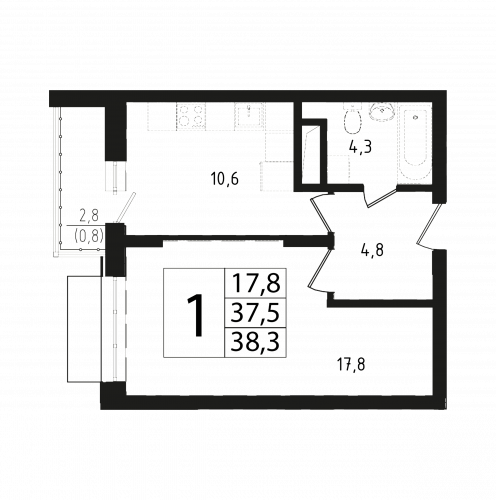 1-комнатная, квартира, 37.4 м²