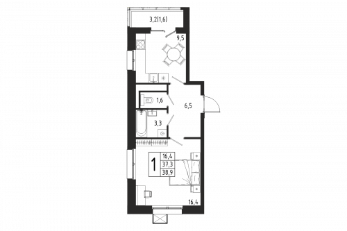 1-комнатная, квартира, 38.9 м²