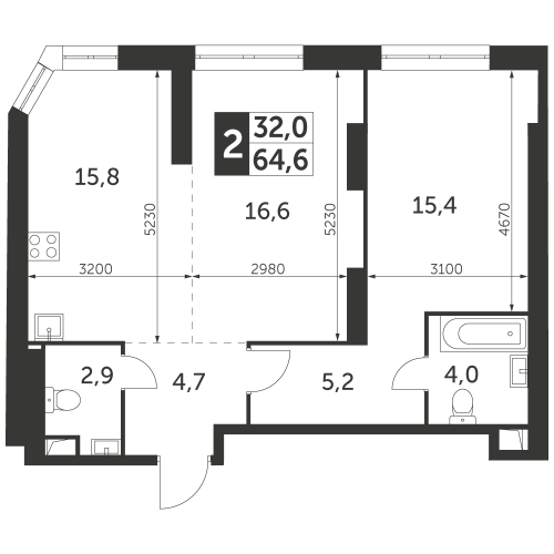 2-комнатная, квартира, 64.6 м²