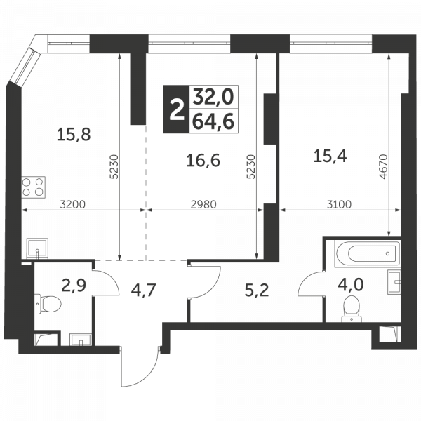 2 комнаты до 64.6