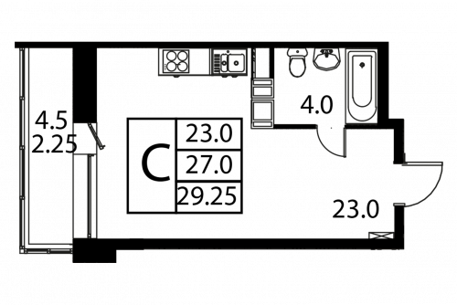 Студия, 29.25 м²