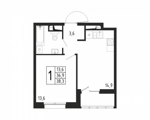 1-комнатная, квартира, 38.3 м²