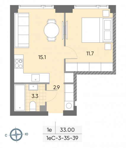 1-комнатная, квартира, 33 м²