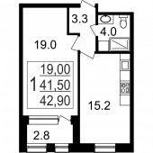 1-комнатная квартира 42,9 м²
