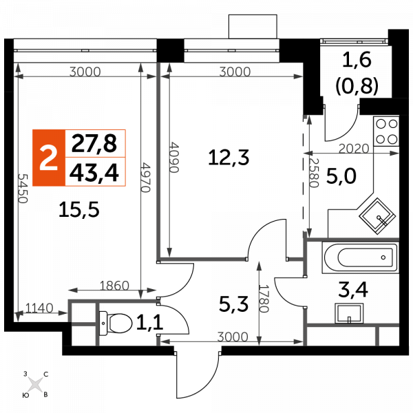 2 комнаты до 43.4