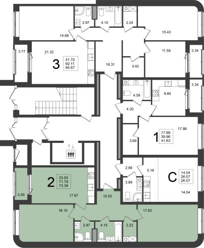 2-комнатная, квартира, 73.37 м²