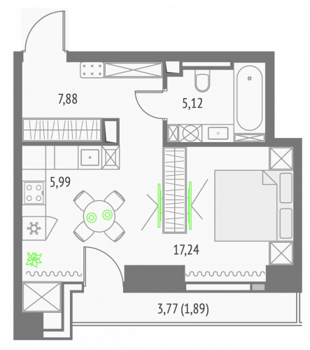Студия, 38.12 м²