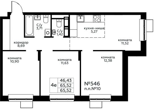 Многокомнатная, 65.52 м²