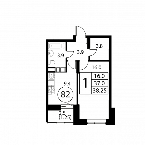 1-комнатная, квартира, 38.25 м²