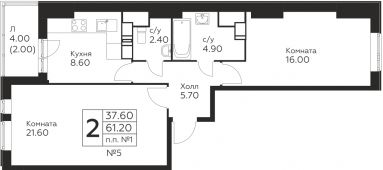 2-комнатная квартира 61,2 м²
