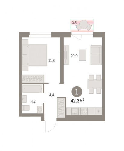 1-комнатная, 42.31 м²