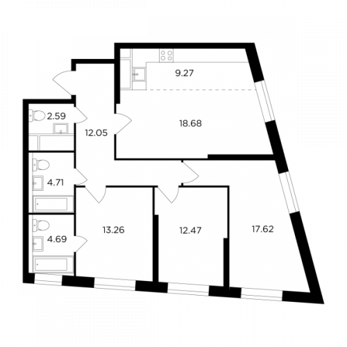 Многокомнатная, 95.34 м²