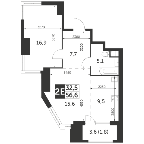 2-комнатная, квартира, 56.6 м²