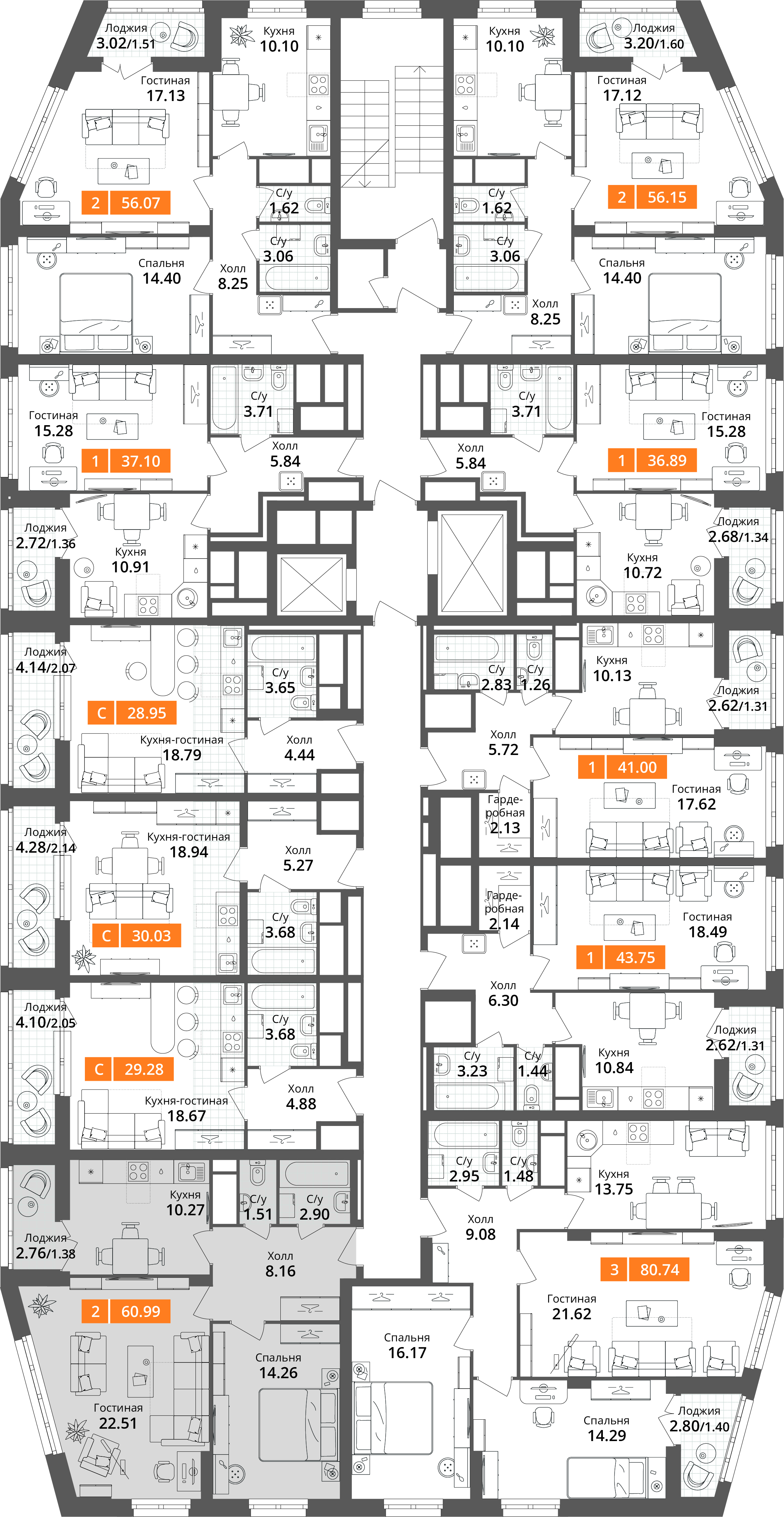 2-комнатная квартира №61, 61,0 м² за 14,20 млн руб. в ЖК «Планерный квартал» - планировка