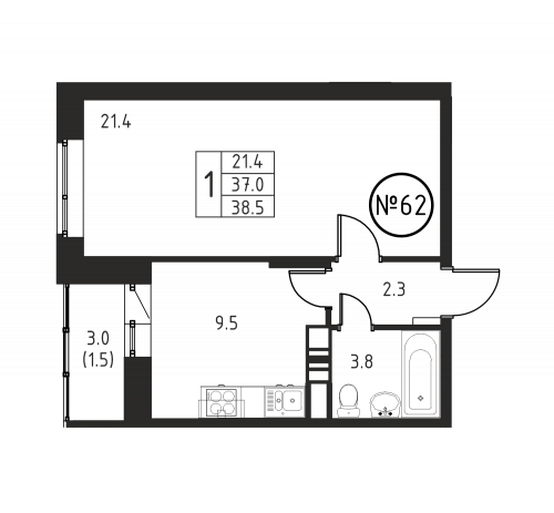 1-комнатная, квартира, 38.5 м²