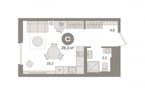 Студия, 26.27 м²