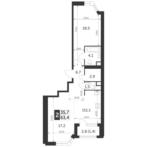 2-комнатная, квартира, 63.4 м²