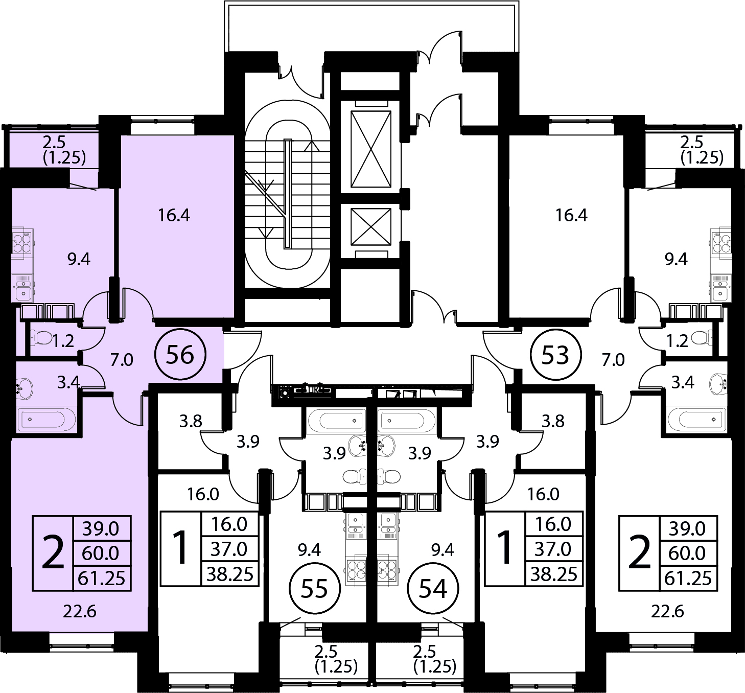 2-комнатная квартира №56, 61,3 м² за 8,70 млн руб. в ЖК «Космос» - планировка