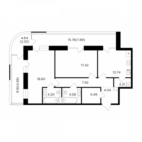 2-комнатная, квартира, 92.09 м²