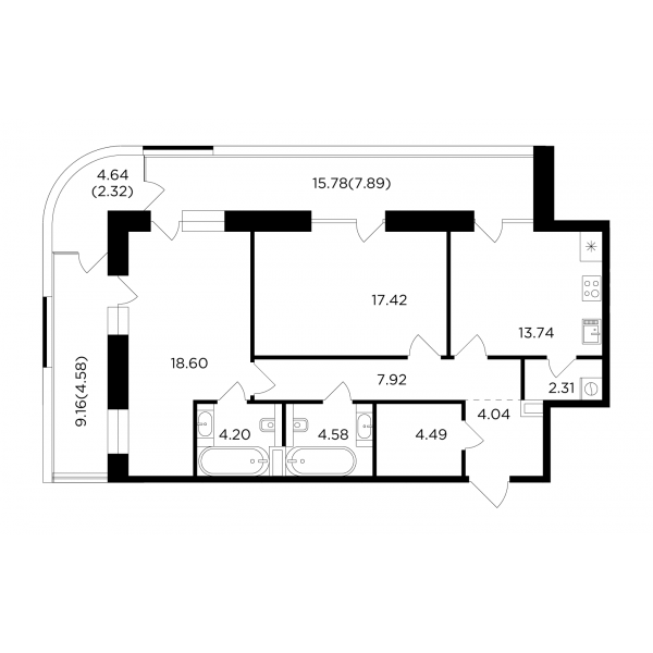 2-комнатная квартира №17, 92,1 м² за 53,97 млн руб. в ЖК «Foriver» - планировка