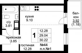 1-комнатная квартира 30,22 м²