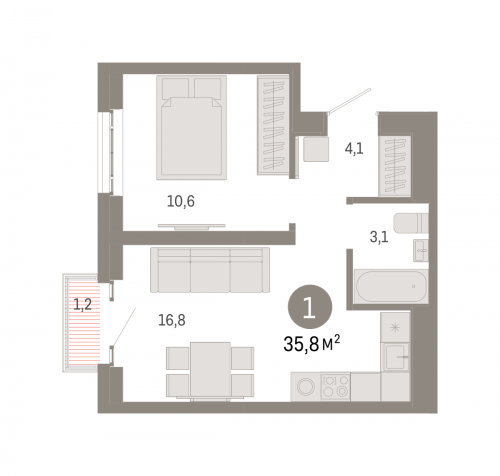 1-комнатная, квартира, 35.8 м²