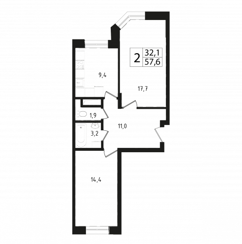 2-комнатная, квартира, 57.4 м²