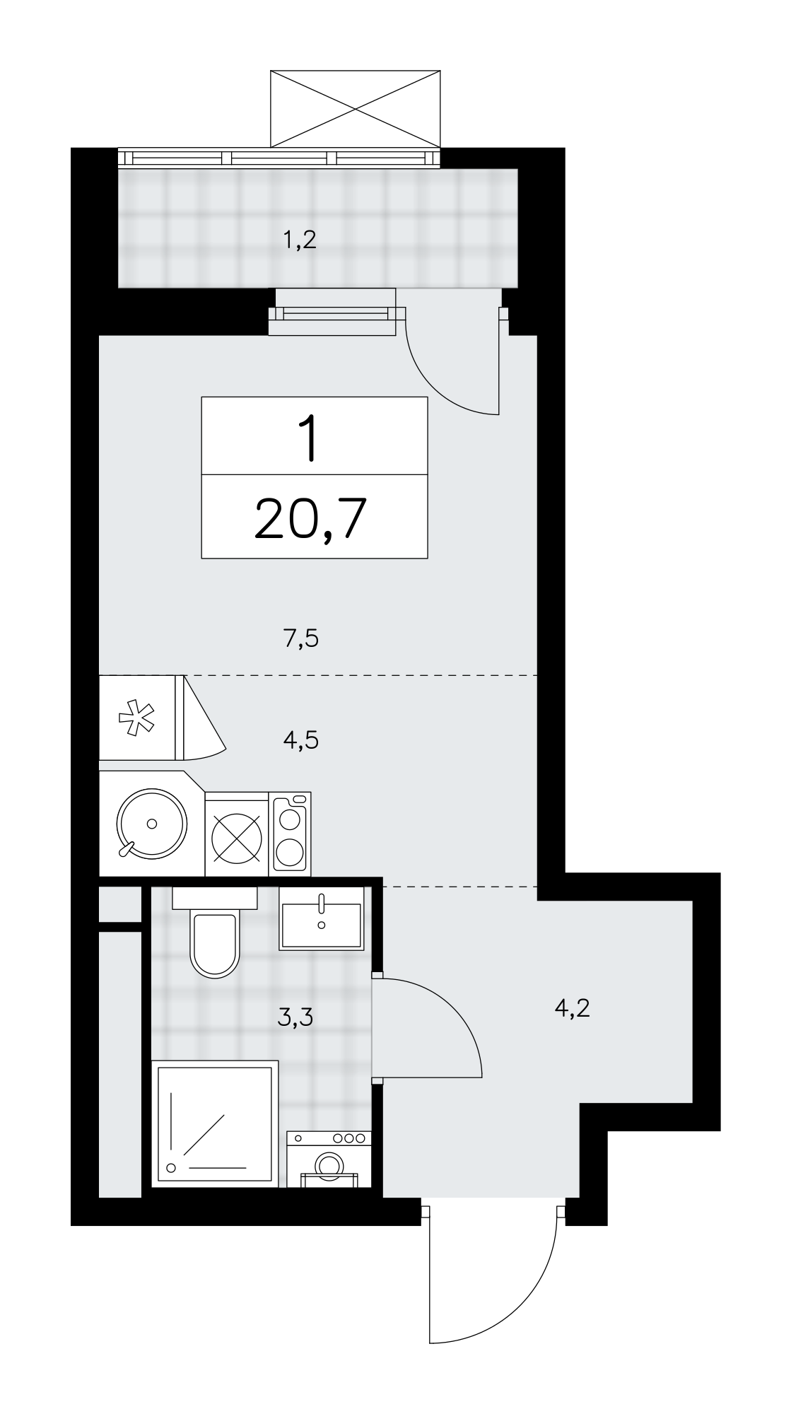 1-комнатная квартира №58К-11.1.4-727, 20,7 м² за 7,57 млн руб. в ЖК «Прокшино» - планировка