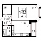 1-комнатная квартира 43,9 м²