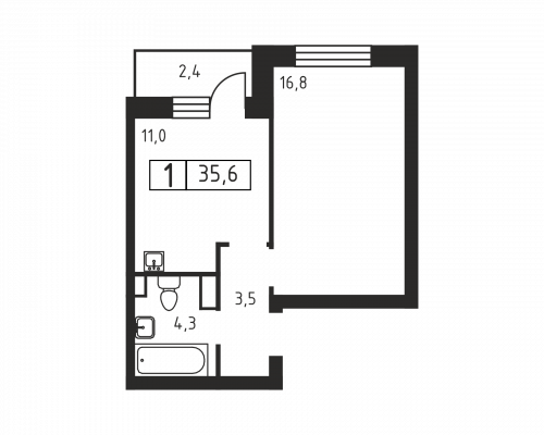 1-комнатная, 35.6 м²