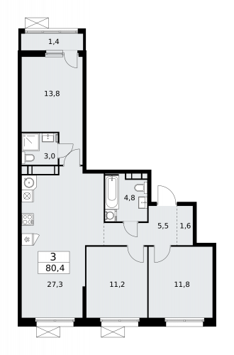 3-комнатная, 80.4 м²