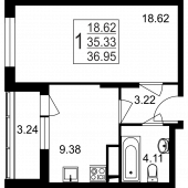 1-комнатная квартира 36,95 м²