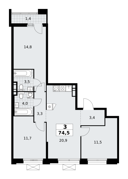 3-комнатная квартира №58К-7.1.1-154, 74,5 м² за 18,71 млн руб. в ЖК «Прокшино» - планировка