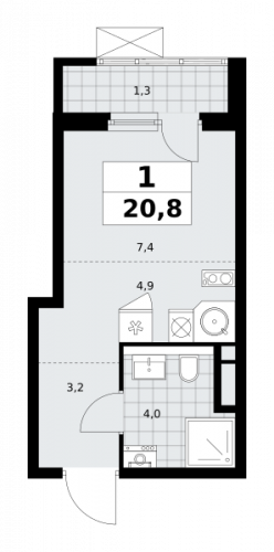 1-комнатная, 20.8 м²