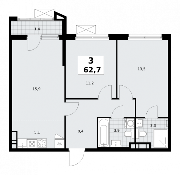 3 комнаты до 62.7