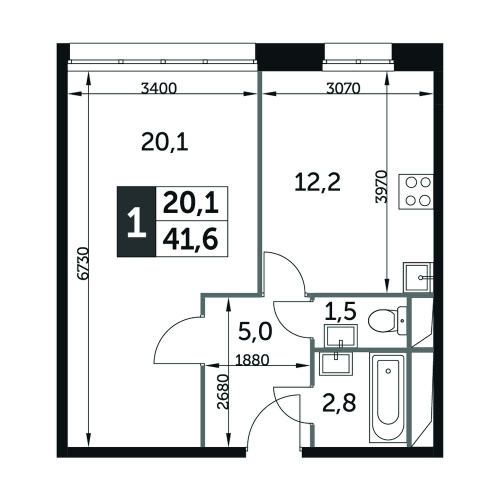 1-комнатная, квартира, 41.6 м²