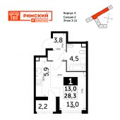 1-комнатная квартира 28,3 м²