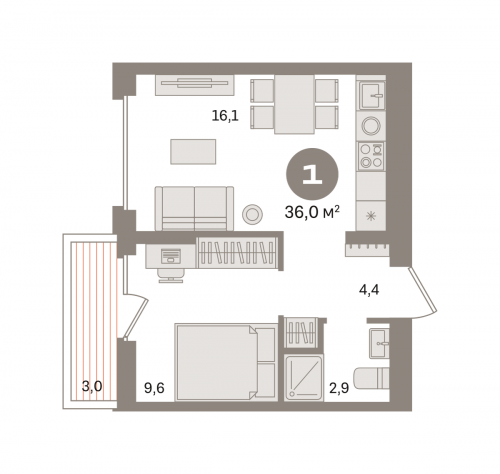 1-комнатная, квартира, 36.03 м²