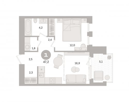 1-комнатная, квартира, 47.2 м²