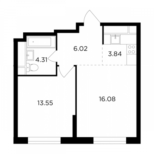 2-комнатная, 43.8 м²