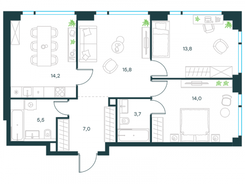 3-комнатная, квартира, 74 м²