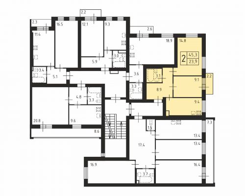 2-комнатная, квартира, 45.3 м²