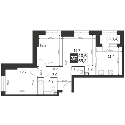 3-комнатная, квартира, 69.2 м²