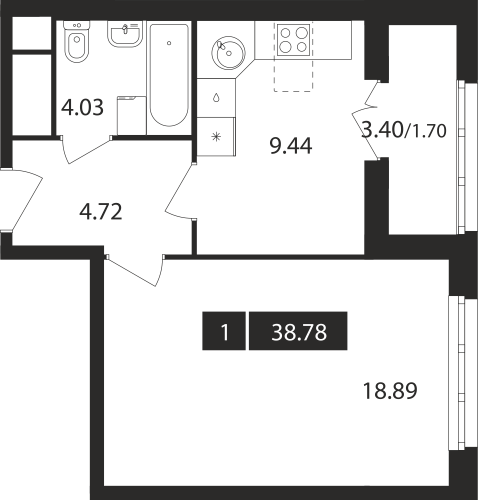1-комнатная, квартира, 38.78 м²